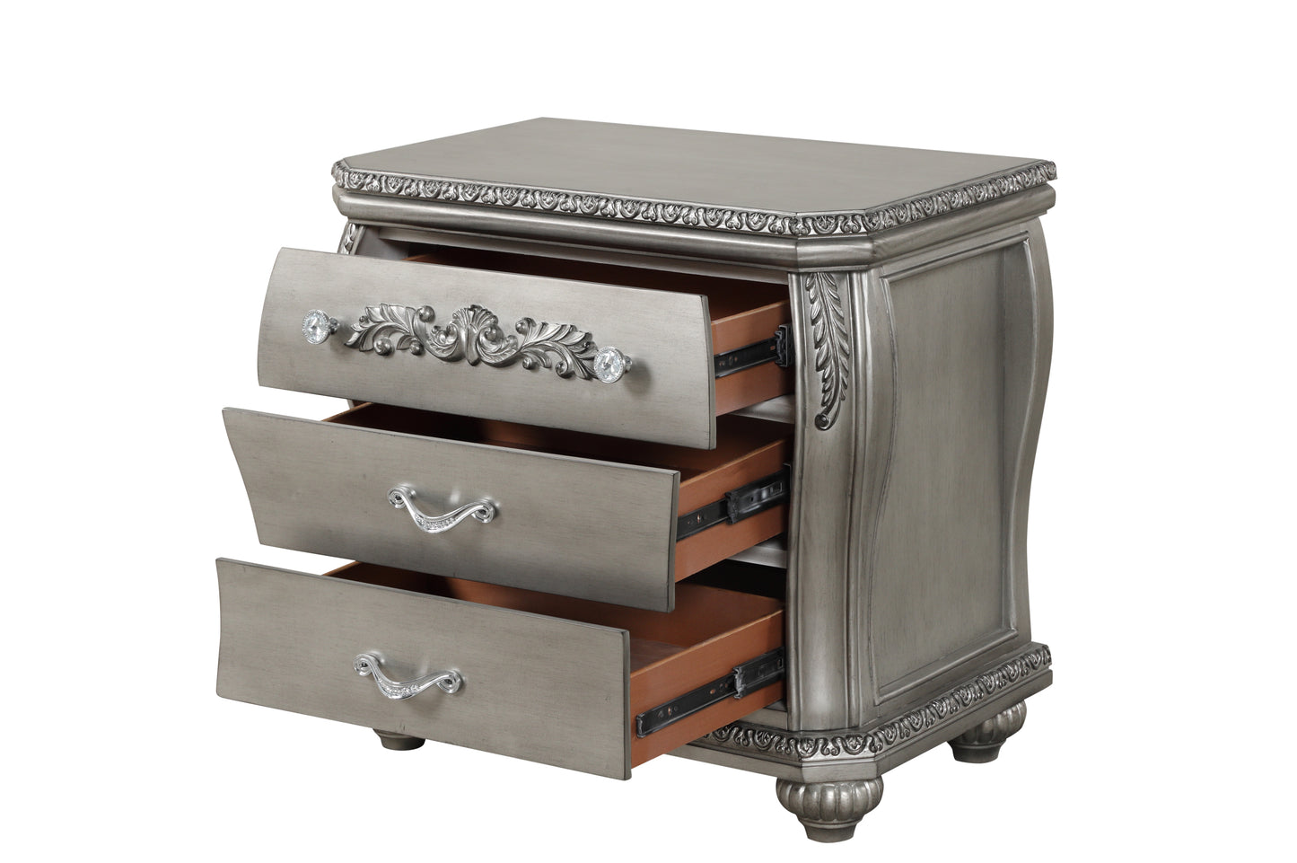 Destiny Traditional Style 3-Drawer Night stand With metal drawer pulls Made with Wood in Silver
