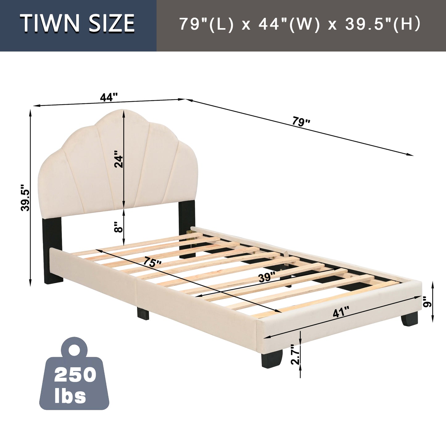 Upholstered Twin Size Platform Bed for Kids, Wooden Bed Frame with Slatted Bed Base, No Box Spring Needed, Cute Bed Frame with Shell Design Headboard for Girls Boys Teens, Beige