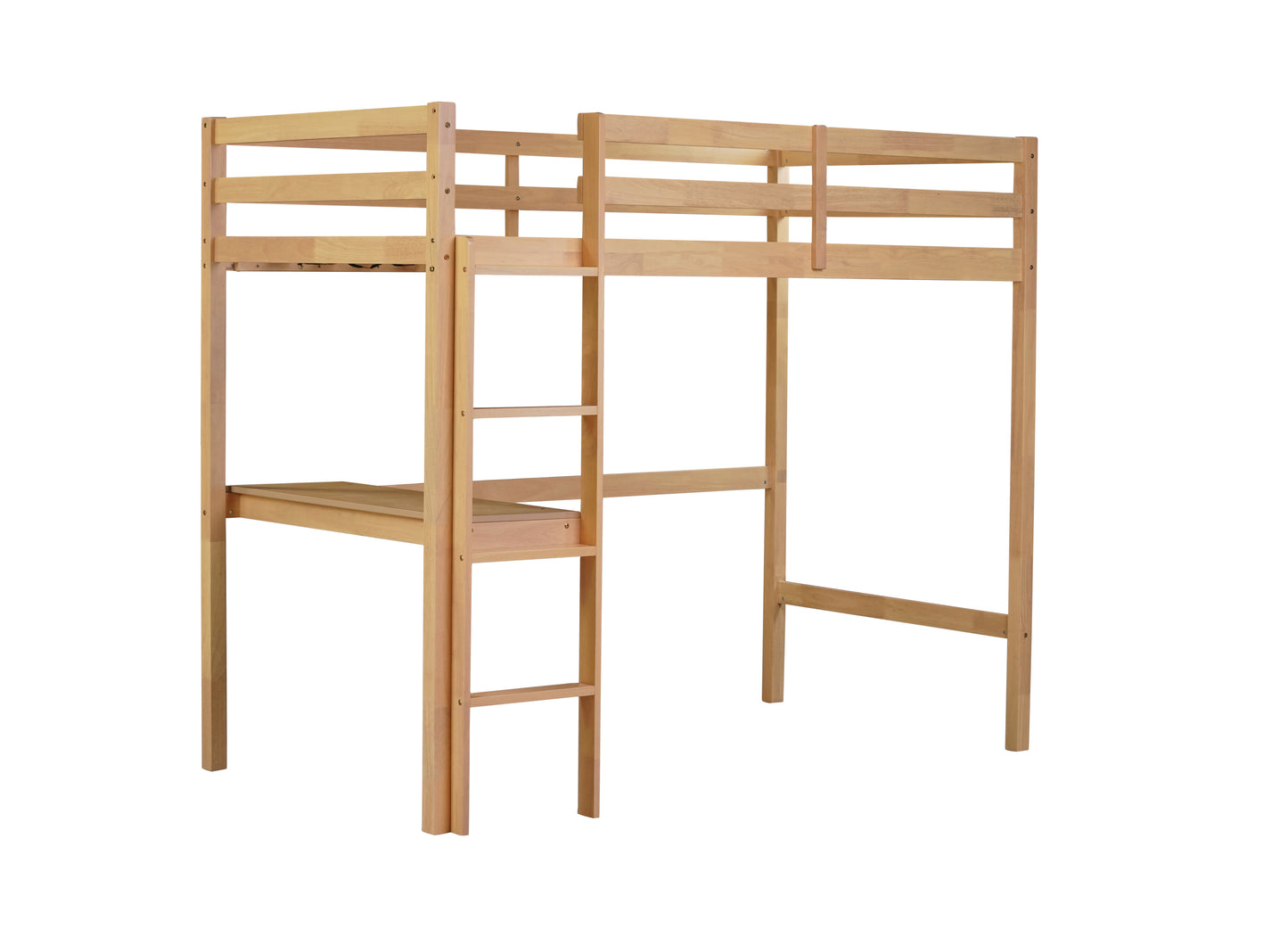 Twin High Loft Bed, Rubber Wood  Loft Bed with Safety Guardrail, built-in desk, ladder,White Oak