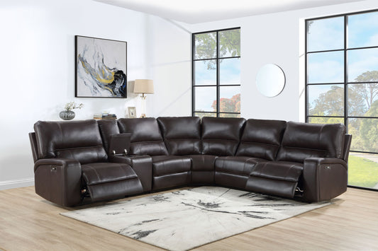 Saul Espresso Faux Leather Power Recliner Sectional Sofa w/ USB Port & Cupholder Console