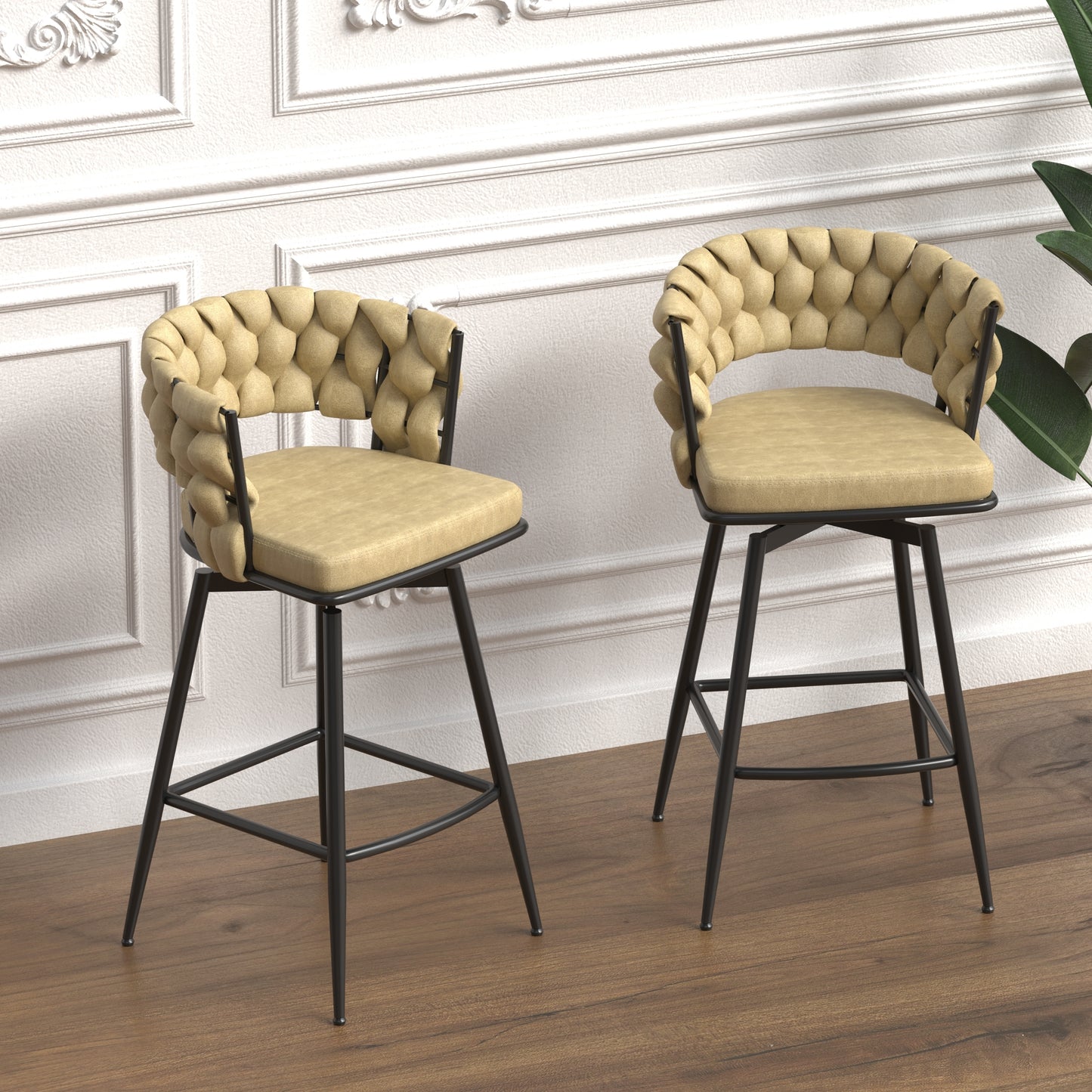 28" Technical Leather Woven Bar Stool Set of 2,Black legs Barstools No Adjustable Kitchen Island Chairs,360 Swivel Bar Stools Upholstered Counter Stool Arm Chairs with Back Footrest (Light Brown)