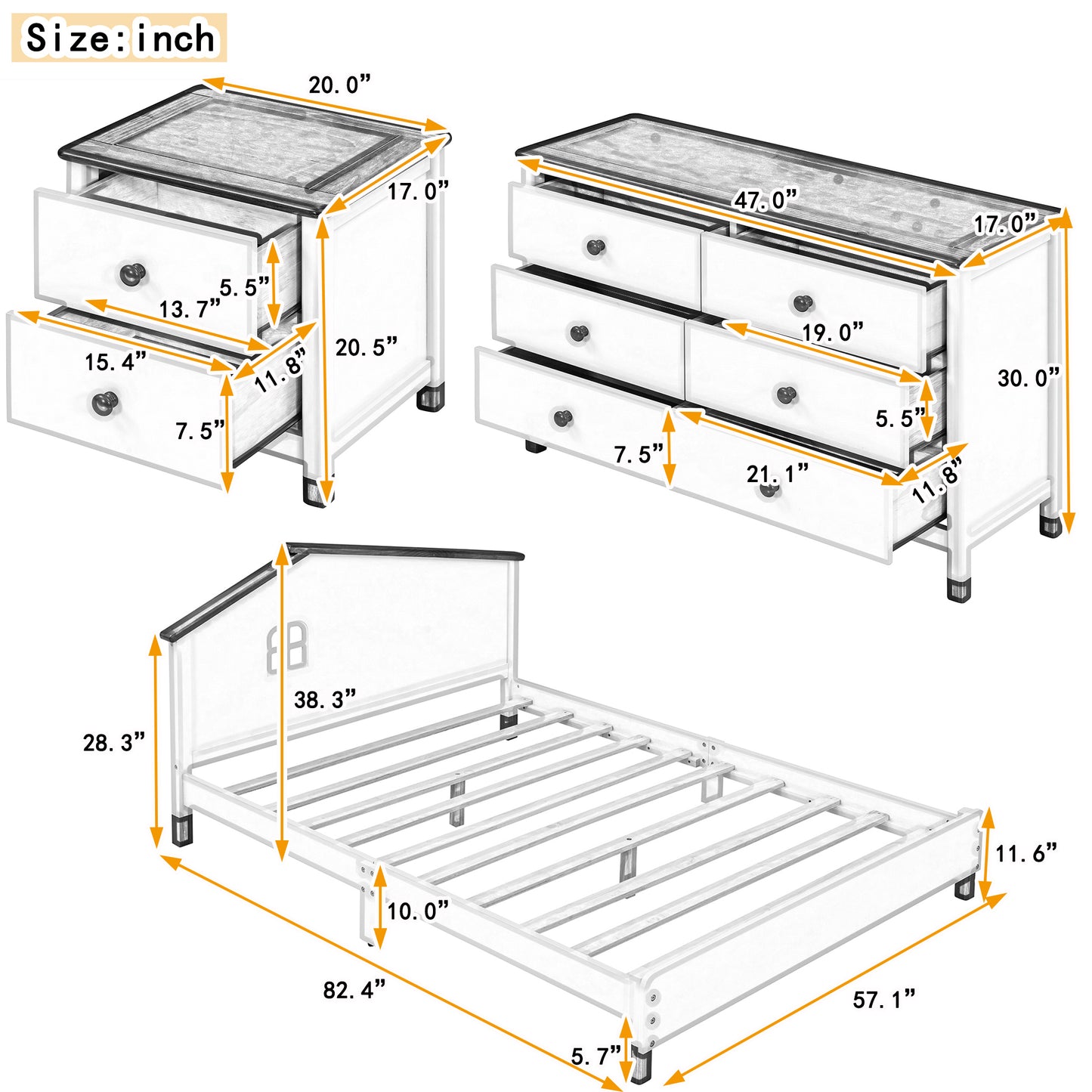 3-Pieces Bedroom Sets Full Size Platform Bed with Nightstand and Storage dresser,Cream+Walnut