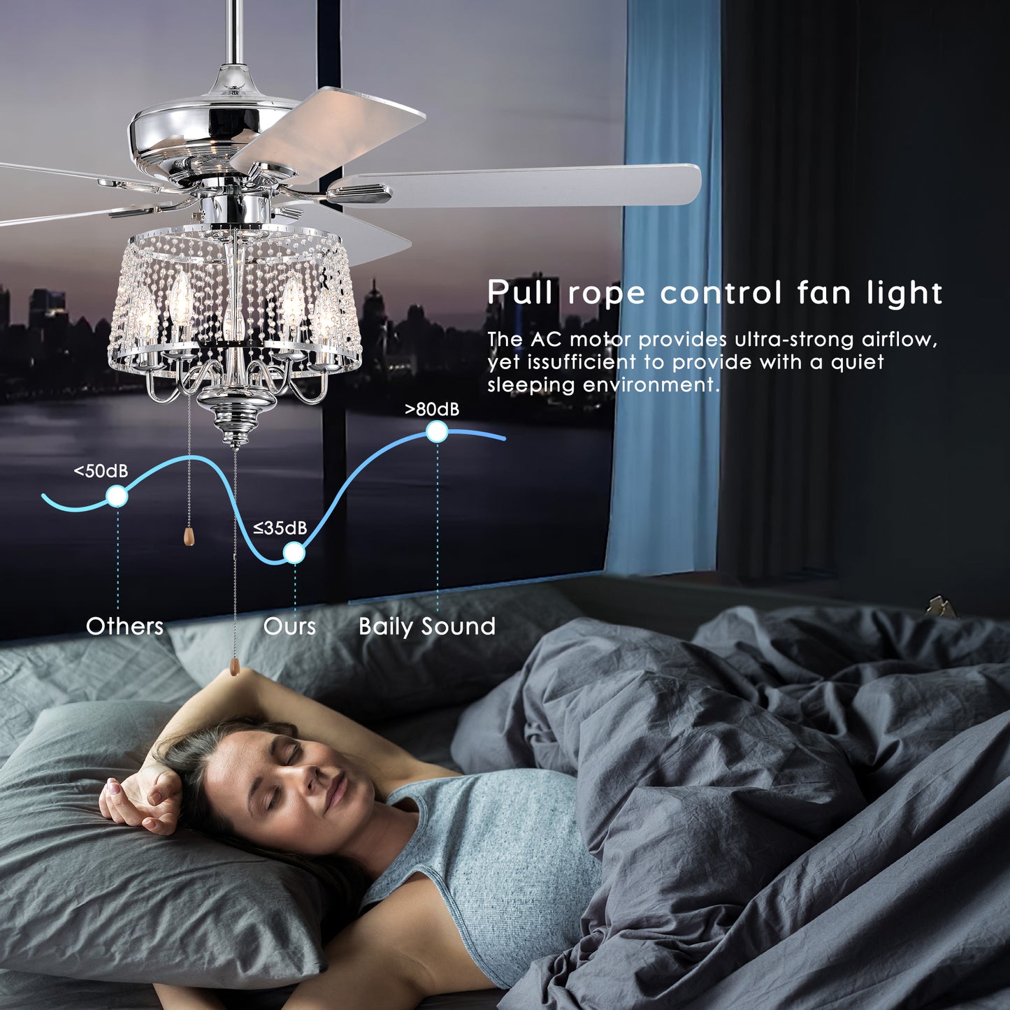 52 Inch Crystal Ceiling Fan , Modern Electrical Fan with 5 Wood Reversible Blades,  4 Bulbs Not Included,Noiseless Reversible AC Motor for Bedroom/Living Room/Study/Patio Home Decoration  (Chrome)