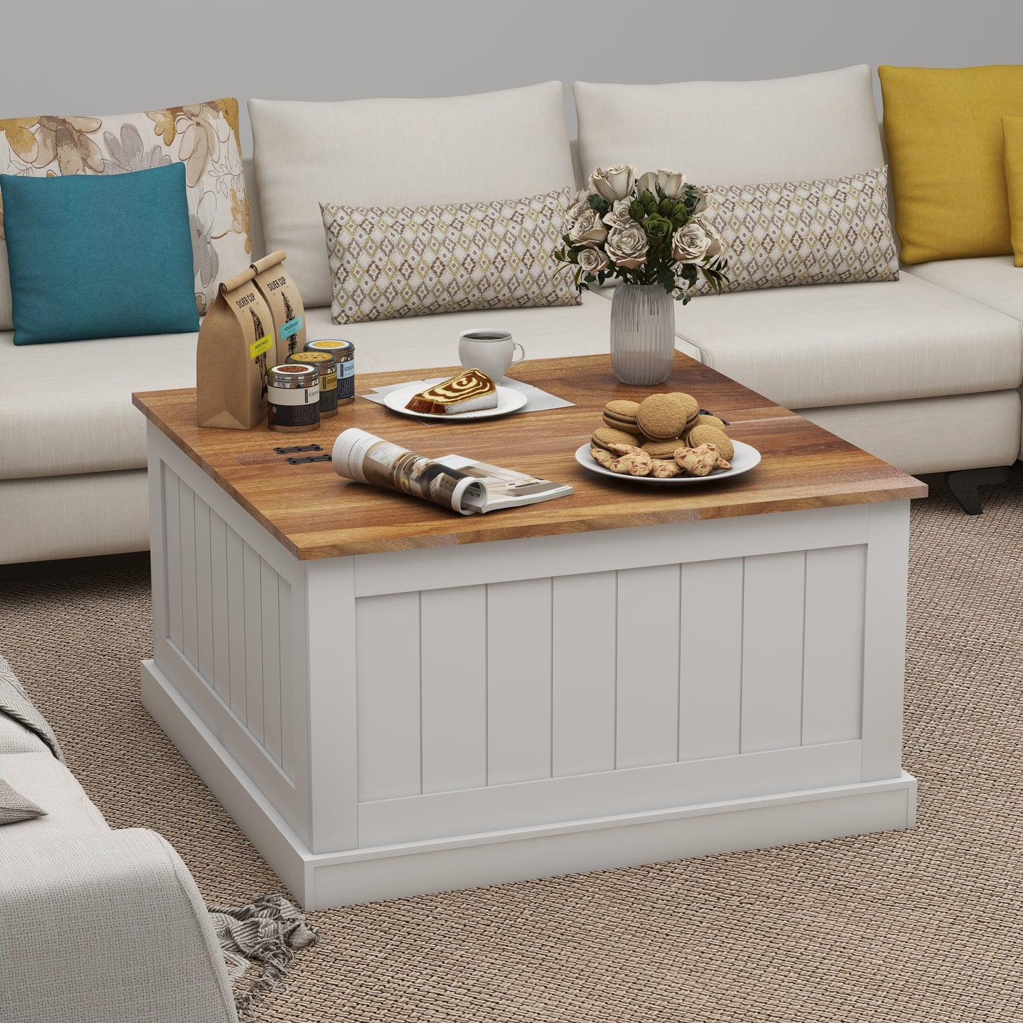 31.5" Farmhouse Coffee Table, Square Wood Center Table with Hinged Lift Top, Rustic Cocktail Table with Large Hidden Storage Compartmen for Living Room-White