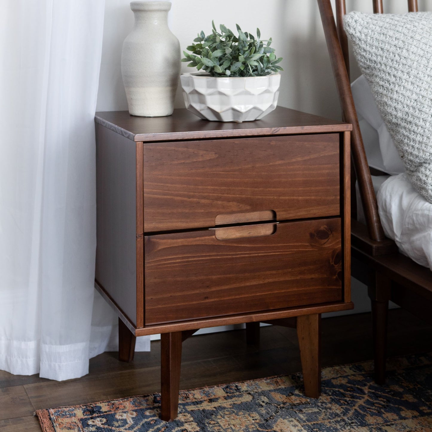 Mid-Century Modern 2-Drawer Solid Wood Nighstand with Cutout Handles - Walnut