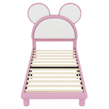 Twin Size Upholstered Platform Bed with Cartoon Ears Shaped Headboard and LED, White&Pink