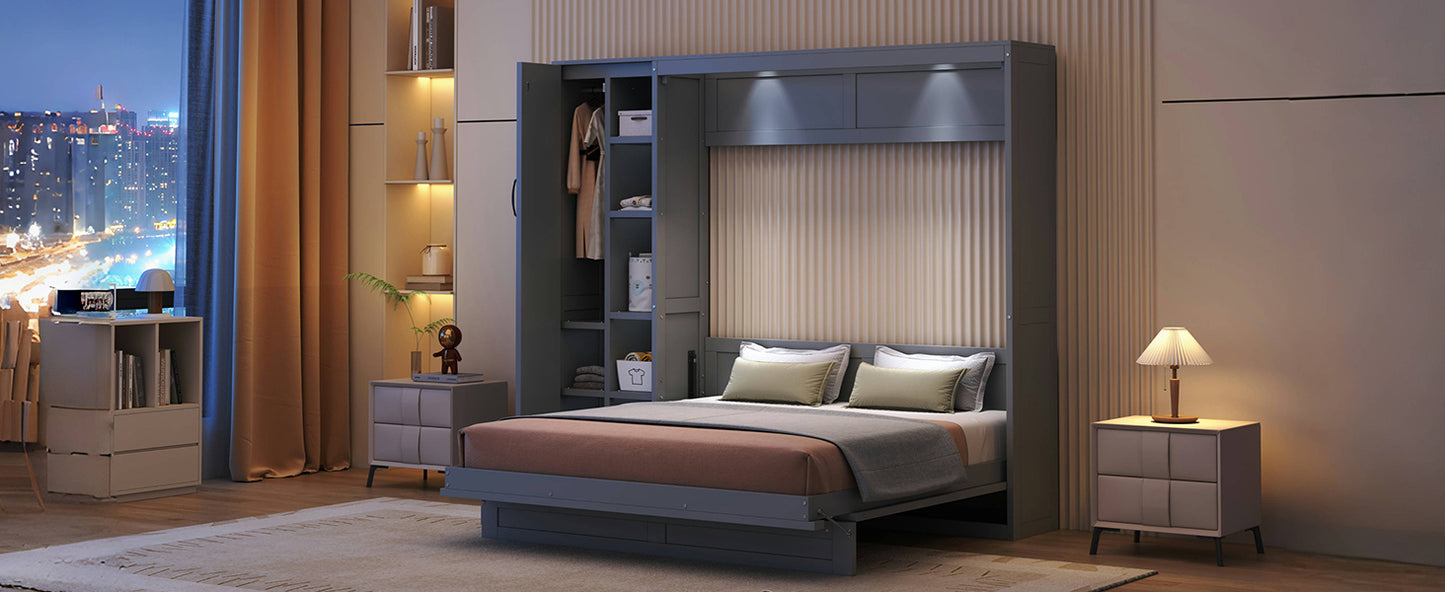 Queen Size Murphy Bed Wall Bed with Shelves, Wardrobe and LED Lights,Gray