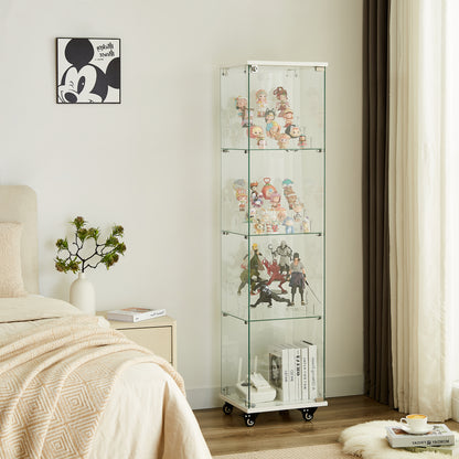 4 Tier Glass Display Cabinet, Single Door Glass Cabinet with Lock and Wheels, Floor Standing Storage Cabinet with 3 Acrylic Shelves for Living Room, Bedroom and Office, White, 15.8"L x 14.2"W x 65.1"H