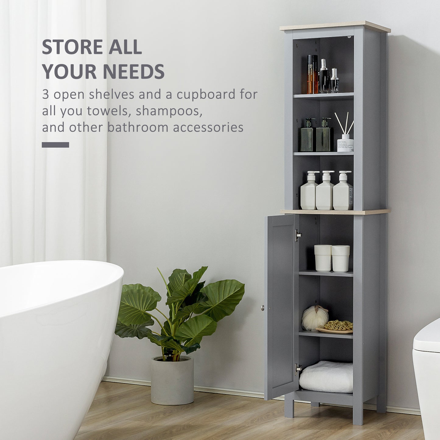 kleankin Tall Bathroom Storage Cabinet with 3 Tier Shelf, Door, Free Standing Linen Tower, Slim Side Organizer, Grey