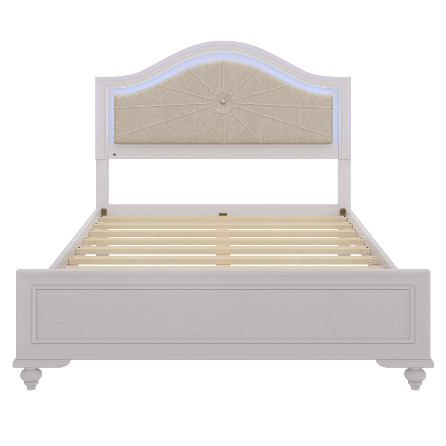 Modern Queen Size Wood Bed with Hidden LED Light Upholstered Curved Headboard, No Box Spring Needed, Cream Grey