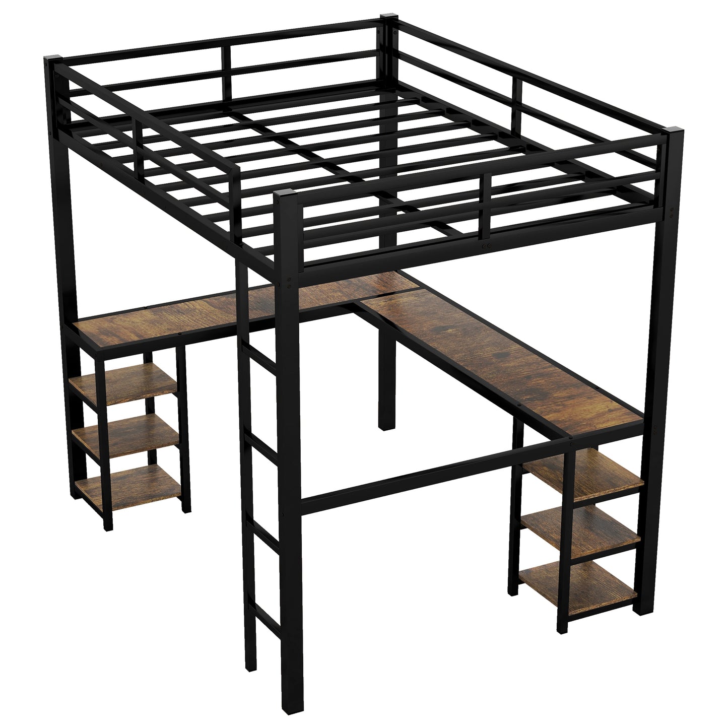 Full Metal Loft Bed with Desk and Shelves, Loft Bed with Ladder and Guardrails, Loft Bed Frame for Bedroom, Black with Vintage wood-colored desk(Old SKU: W1307S00022)