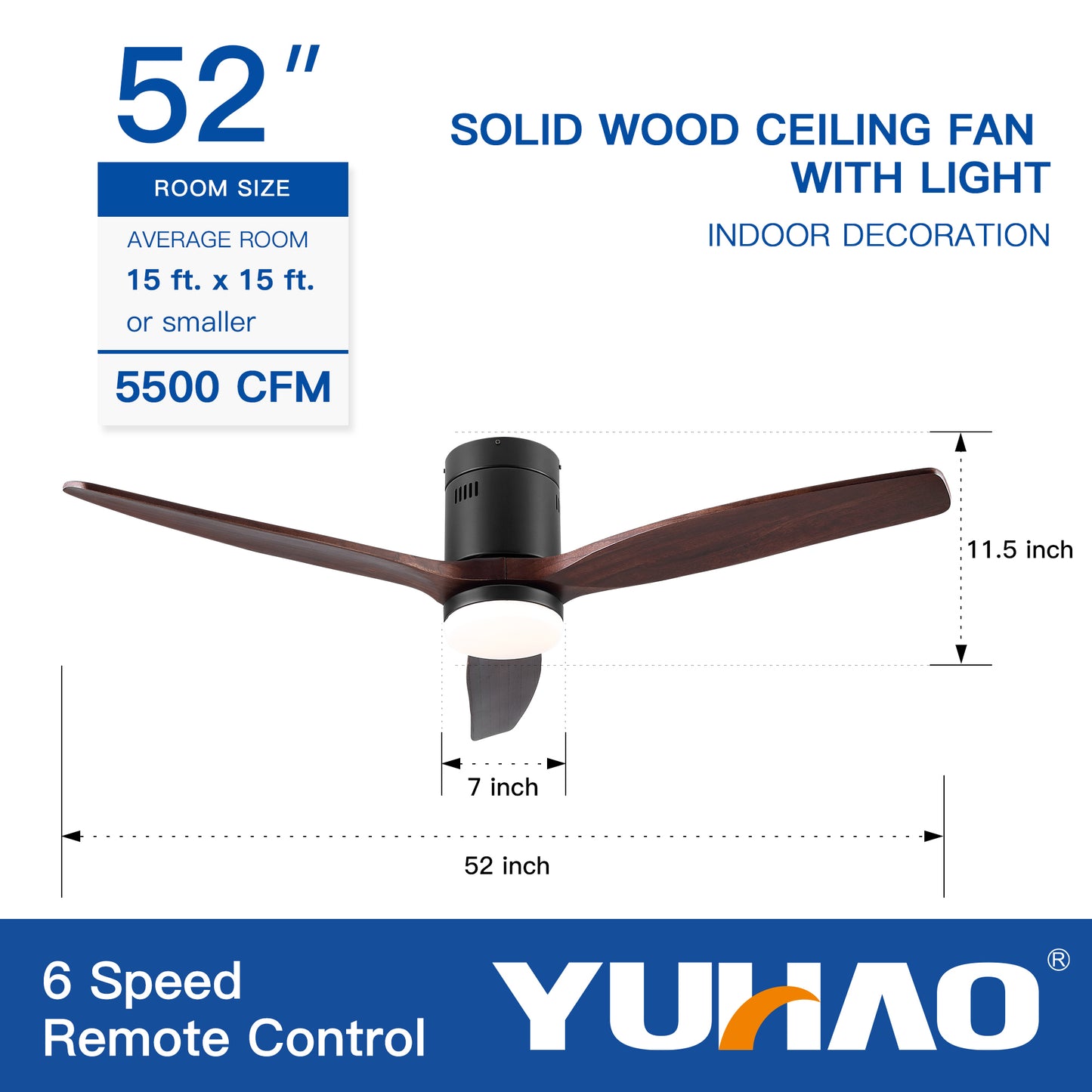 52 In.Intergrated LED Low Profile Ceiling Fan Lighting with Brown Solid Wood Blade