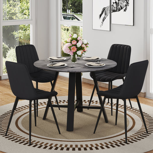 Table and chair set.Modern minimalist 42 'diameter Round MDF Dining Table Set - 4 Extended Seat Cushion PU Dining Chair Set.Gray Wood Grain MDF Table Top,Black Cushion.