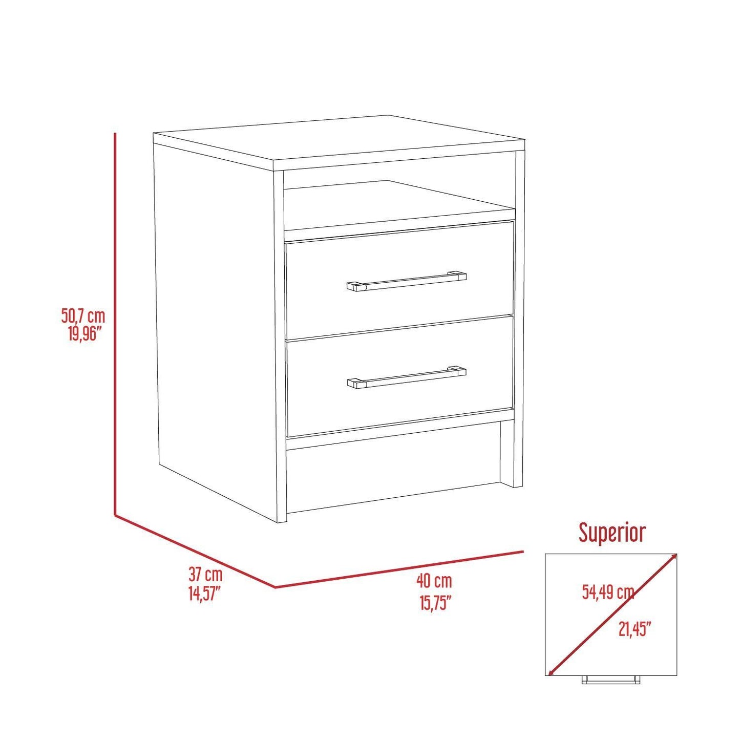 Philadelphia Nightstand, Two Drawers, Concealed Shelf