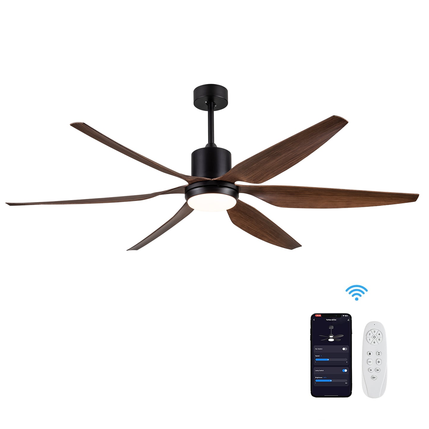 66" Vintage Ceiling Fan  Lighting with Brown Blades in Integrated LED