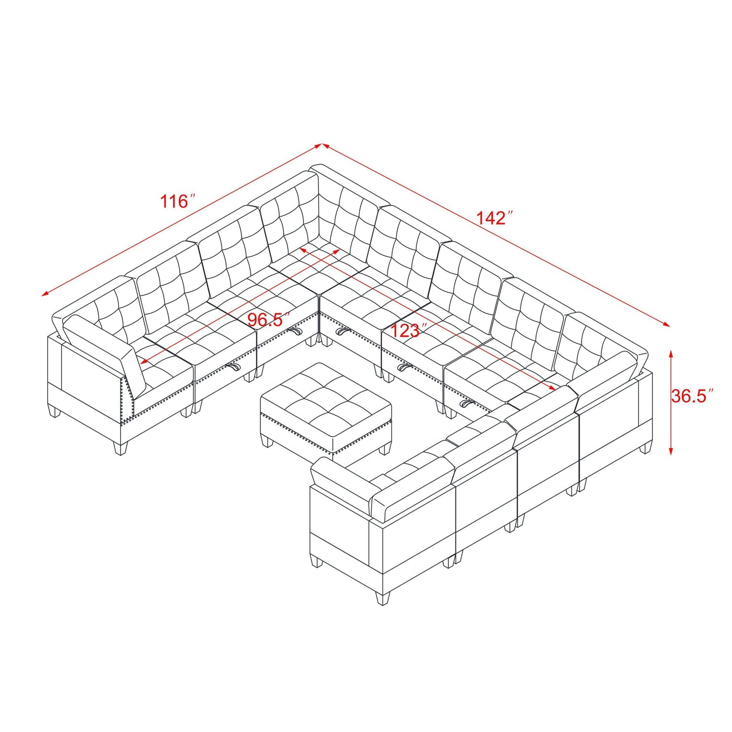 U shape Modular Sectional Sofa,DIY Combination,includes Seven Single Chair, Four Corner and One Ottoman,Grey