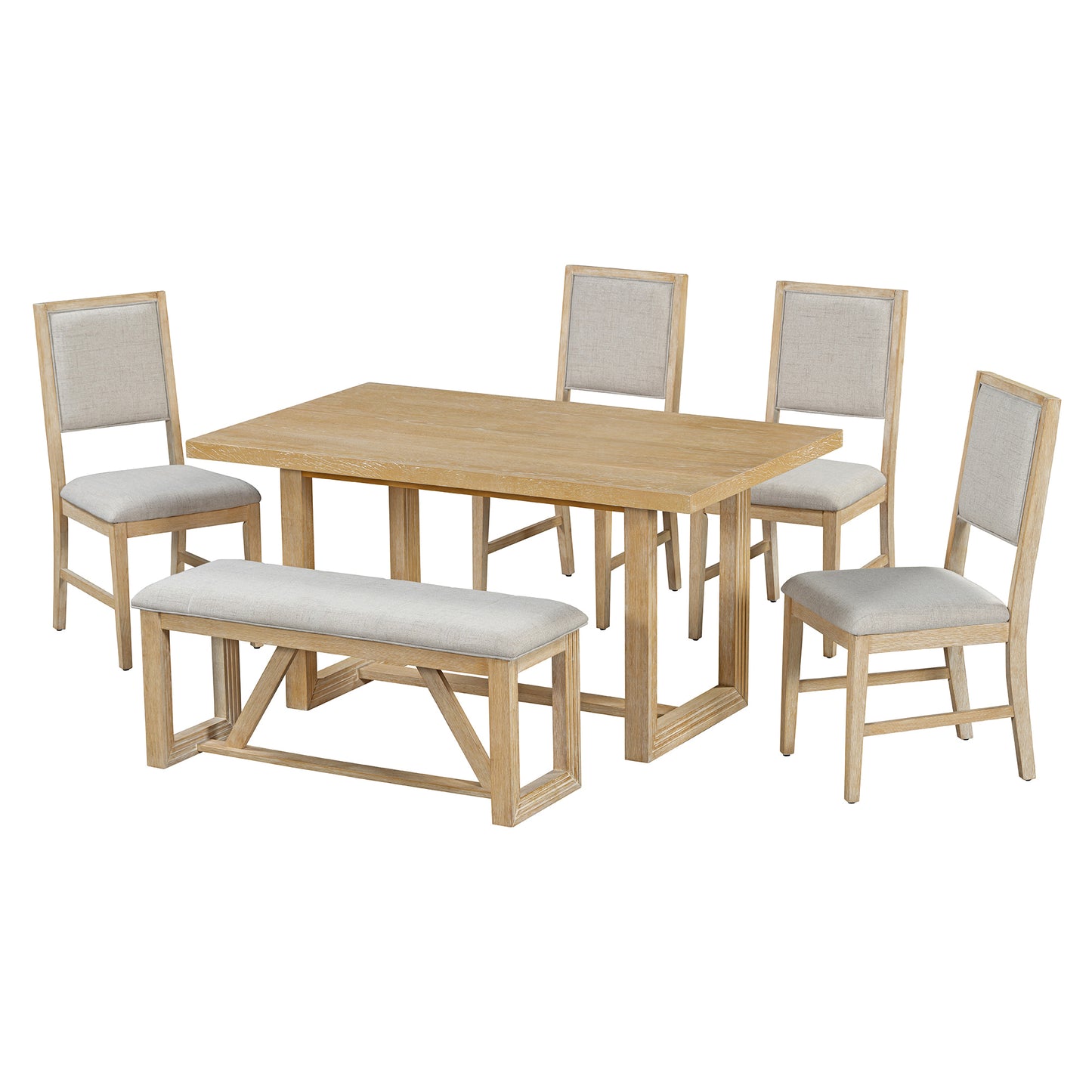 TREXM 6-Piece Retro Dining Set, 1 Rectangular Table with Designed Trestle Base and 4 Upholstered Chairs and 1 Bench for Dining Room and Kitchen (Natural)