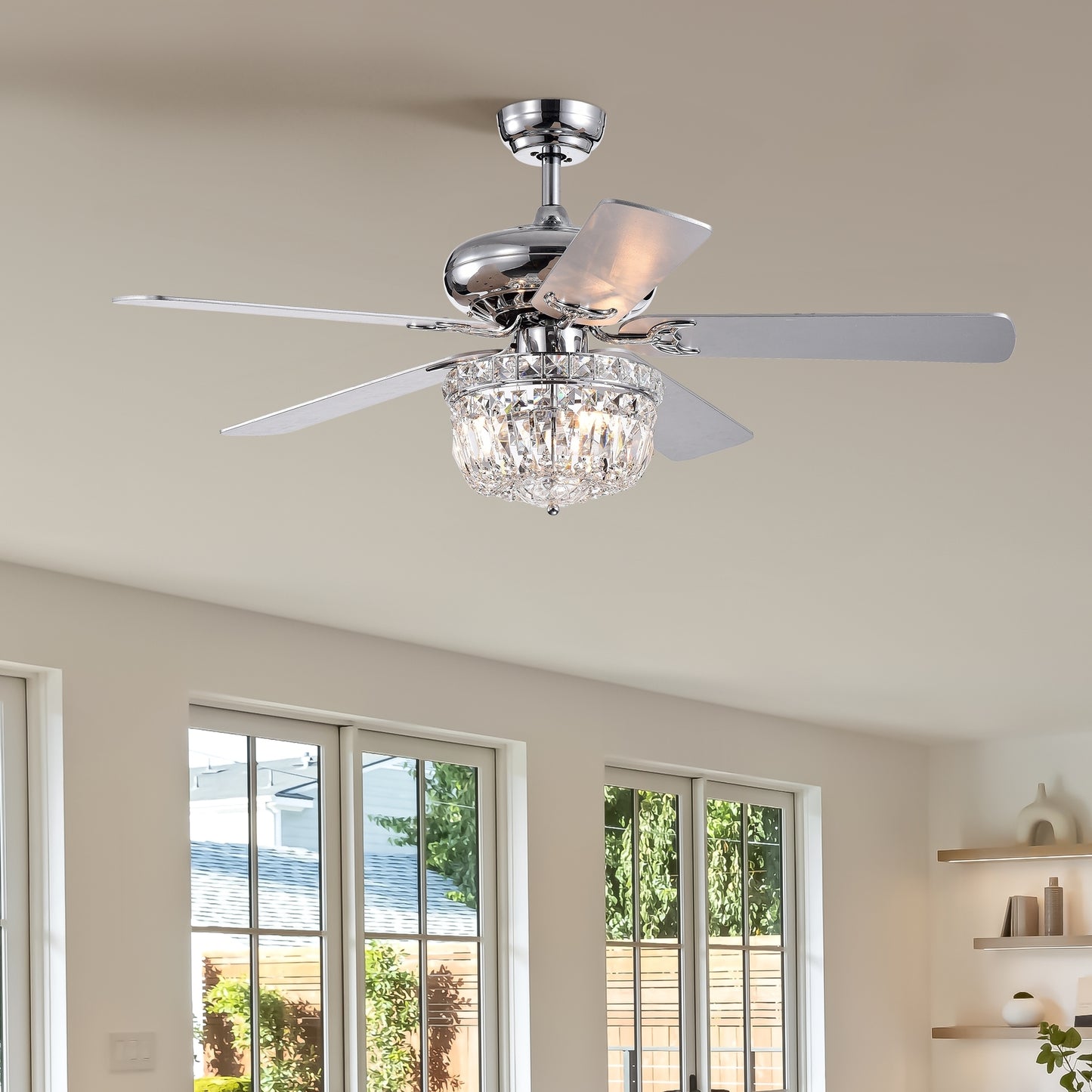 52 Inch Crystal Chandelier Fan  Dual Finish Reversible Blades, Fandelier,Ceiling Fan With Remote Control 3 Speed (Low,Mid,High) for Living Room, Dining Room, Bedroom, Family Room, Chrome