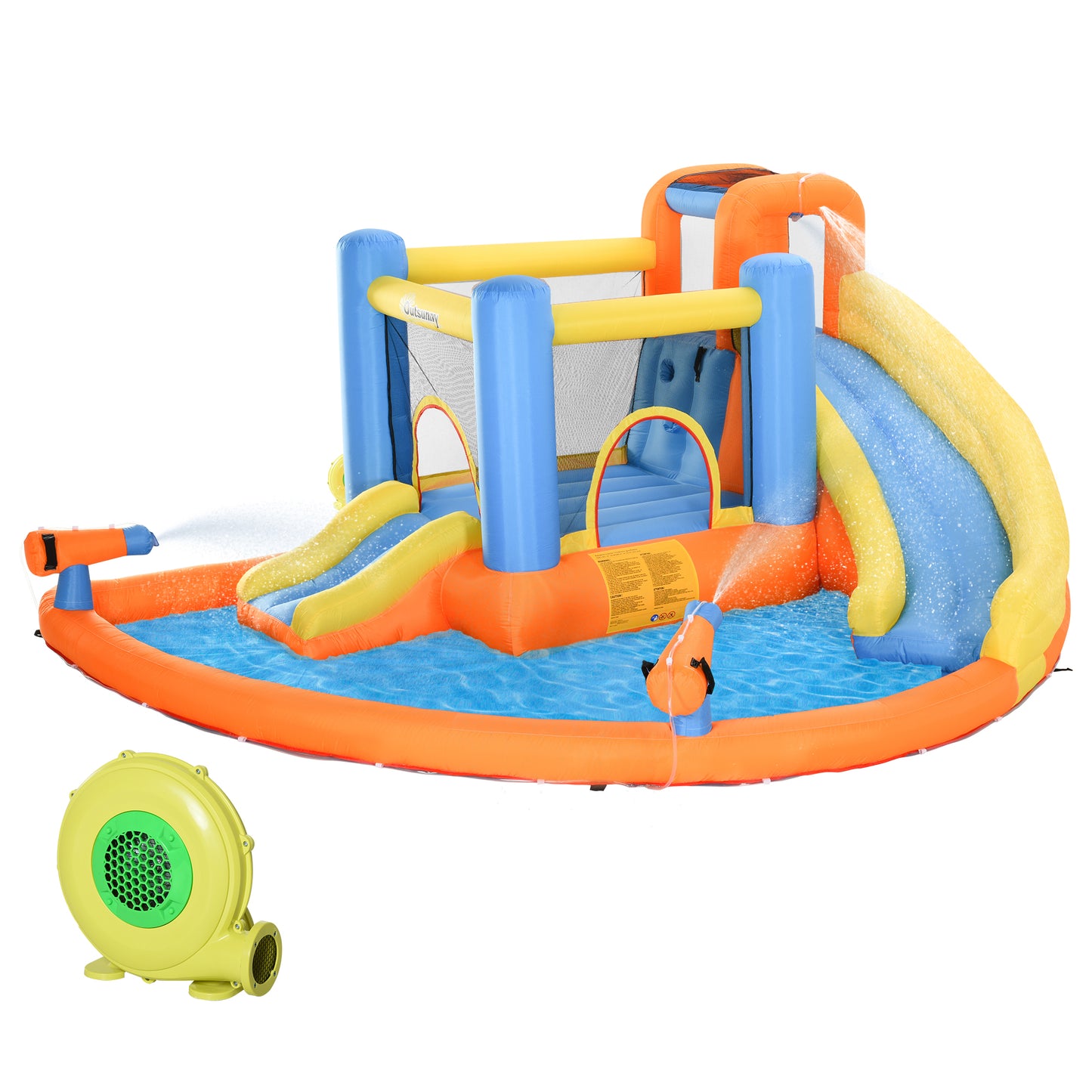 Outsunny Kids Inflatable Water Slide 5-in-1 Bounce House Water Park Jumping Castle with Water Pool, Slide, Climbing Walls, & 2 Water Cannons, 450W Air Blower