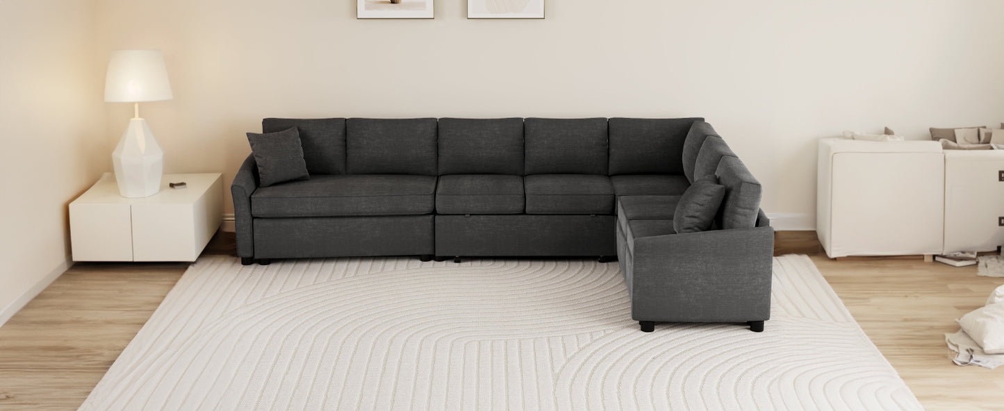 124.8"L-shaped Sofa Convertible Sofa Bed Pull Out Sofa Sleeper with Two Back Pillows, Two USB Ports and Two Power Sockets for Living Room, Gray (Old SKU:SG000890AAE)