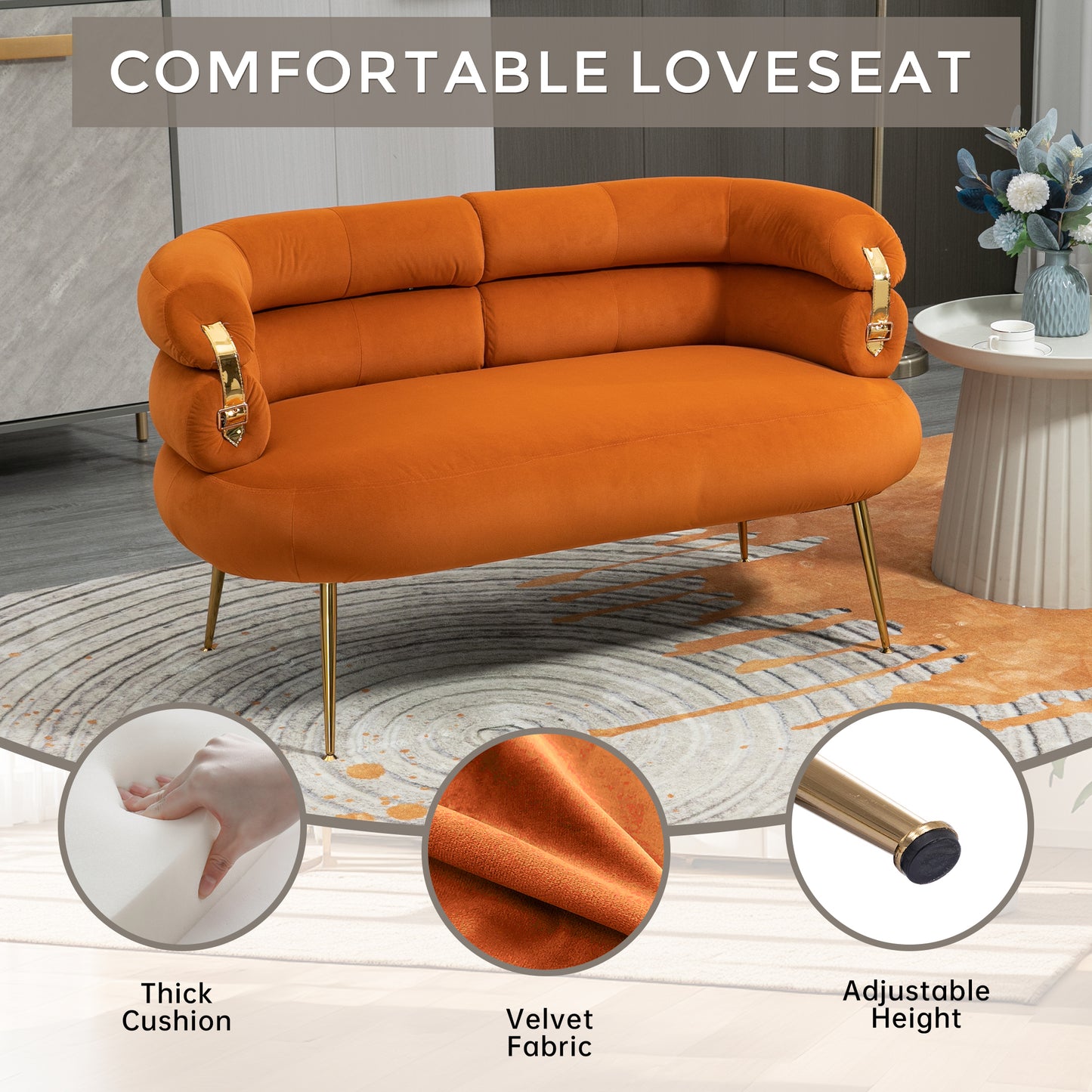 COOLMORE Small Loveseat Sofa, Upholstered Mini Couch with Curved Backrest with Stylish Golden Decor, Small Comfy Love Seat Leisure Accent Couch for Living Room, Bedroom, Office (Orange)