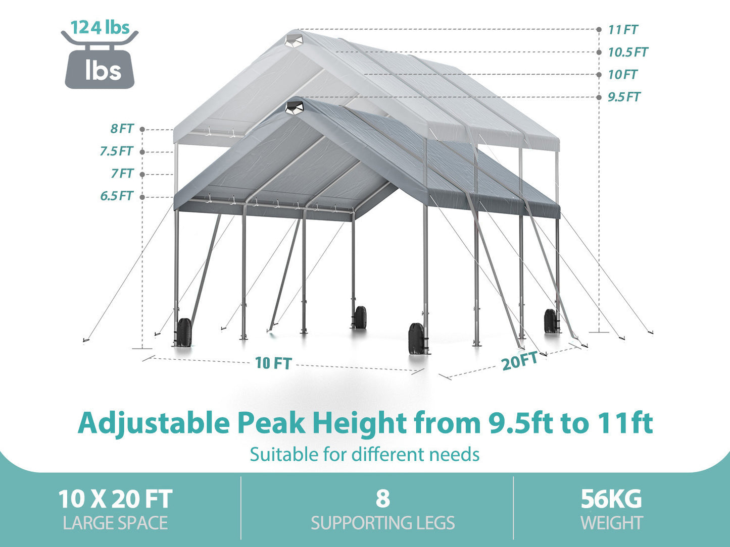 10 * 20 Heavy Duty Carport Canopy - Extra Large Portable Car Tent Garage with Adjustable Peak Height from 9.5ft to 11ft,Removable Roof &Side Walls for Car, SUV,Boats