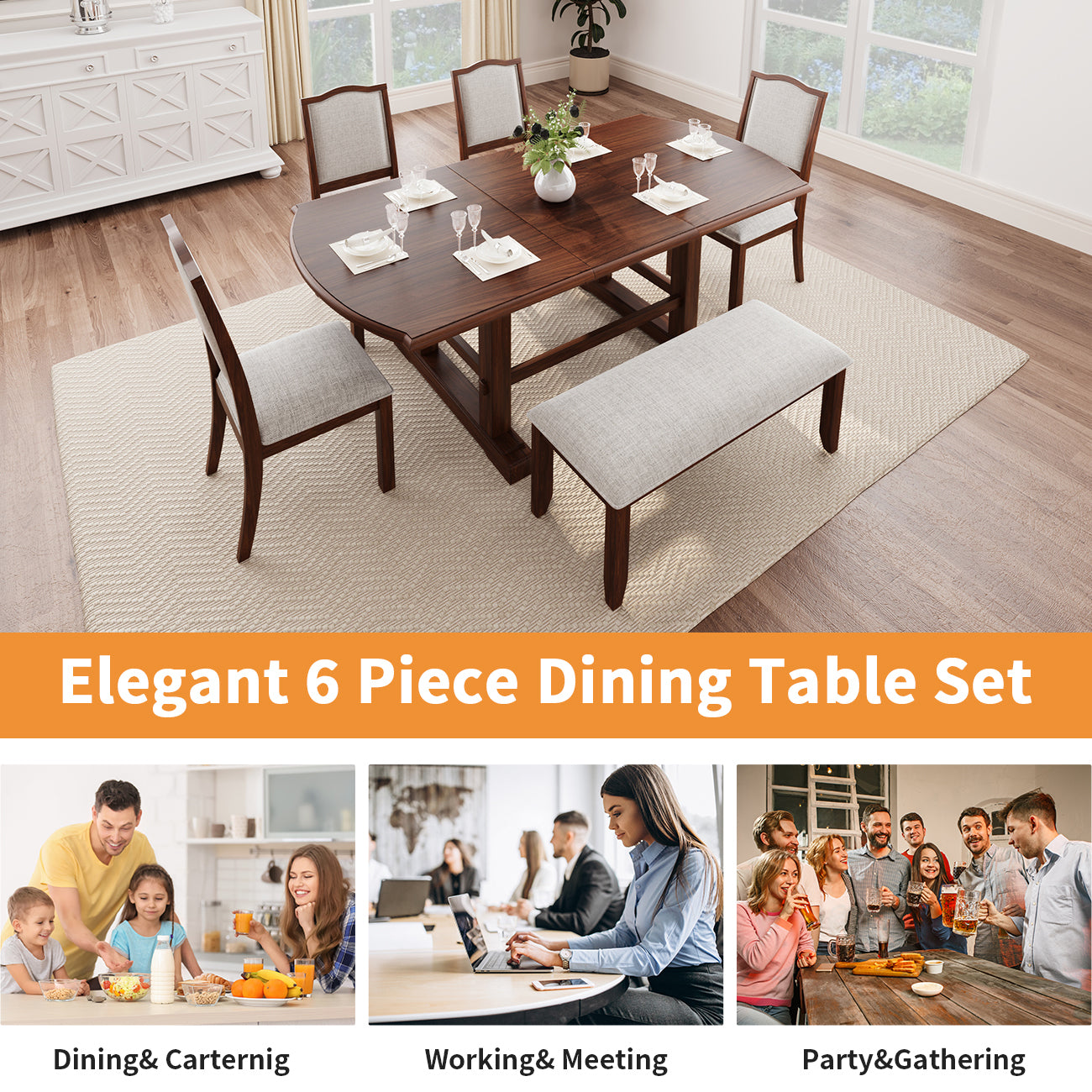 6-Piece Dining Table Set, 60inch to 78inch Extendable Wood Dining Table with Removable Leaf, Kitchen Table Set with 4 Upholstered Side Chair and Bench, Dining Table Set for 6 (Cherry)