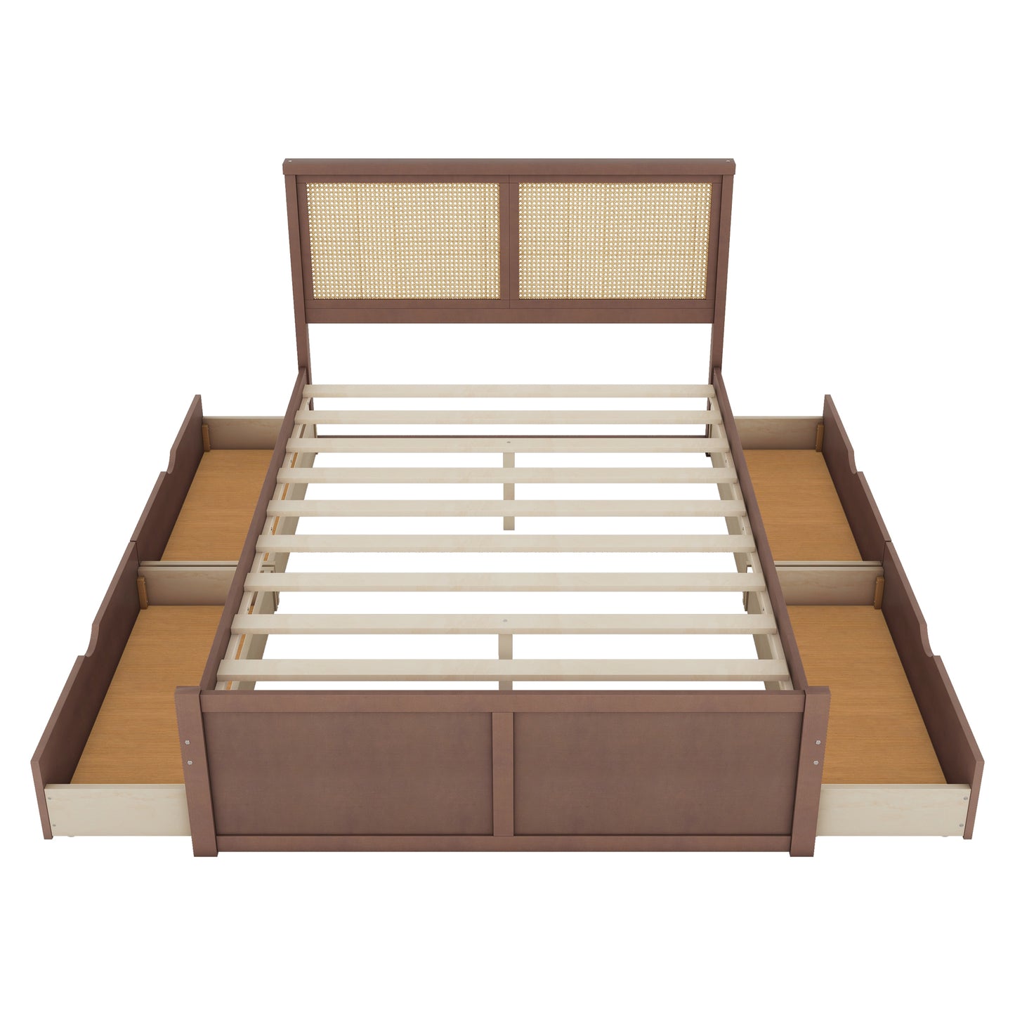 Queen Size Wood Storage Platform Bed with 4 Drawers, Rattan Headboard, Espresso