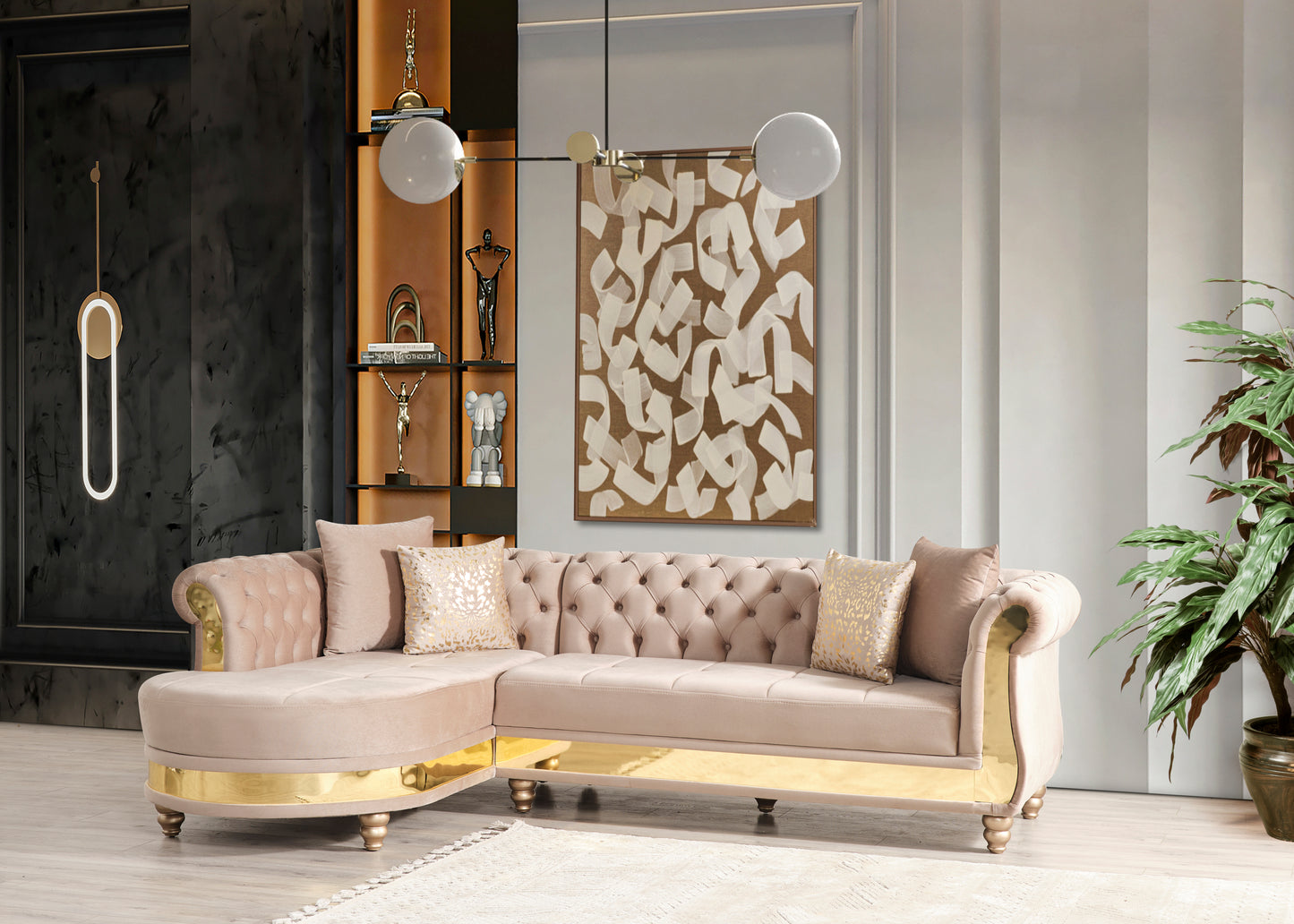 Gold Detailed Tufted Upholstery Sectional made with Wood In Taupe
