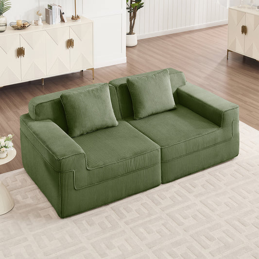 Modular 2 Seat Loveseat Boneless Sofa, Cloud Sectional Couch with Deep Seat, Modern Modular 2-Seat Sofa Couch with Throw Pillows Corduroy Fabric Green