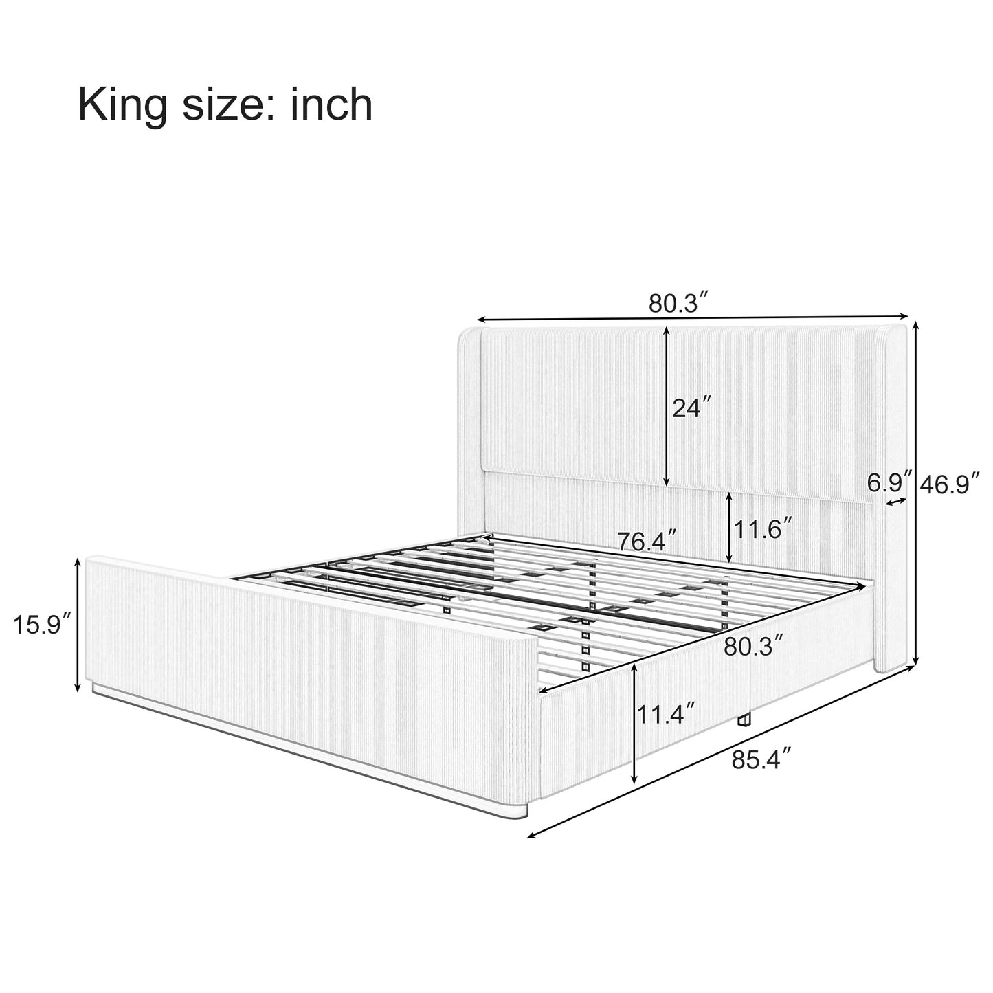 King Size Corduroy Upholstered Bed Frame with 130L Storage Ottoman, and Vertical Stripe Wingback Headboard and High Footboard, Pink