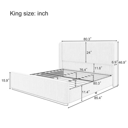 King Size Corduroy Upholstered Bed Frame with 130L Storage Ottoman, and Vertical Stripe Wingback Headboard and High Footboard, Pink