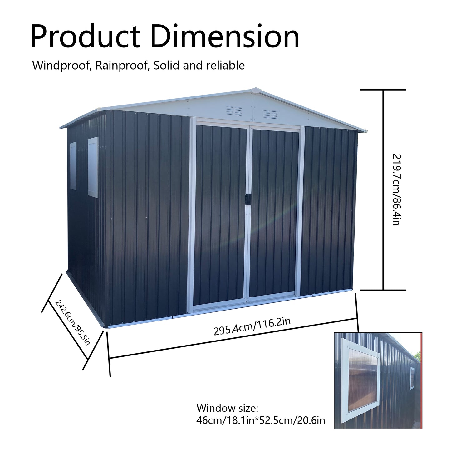 Metal Anti-Corrosion Utility Tool House with Lockable Door, Garden Shed 10FTx8FT Apex Roof Grey With Windows and Aluminum alloy frame