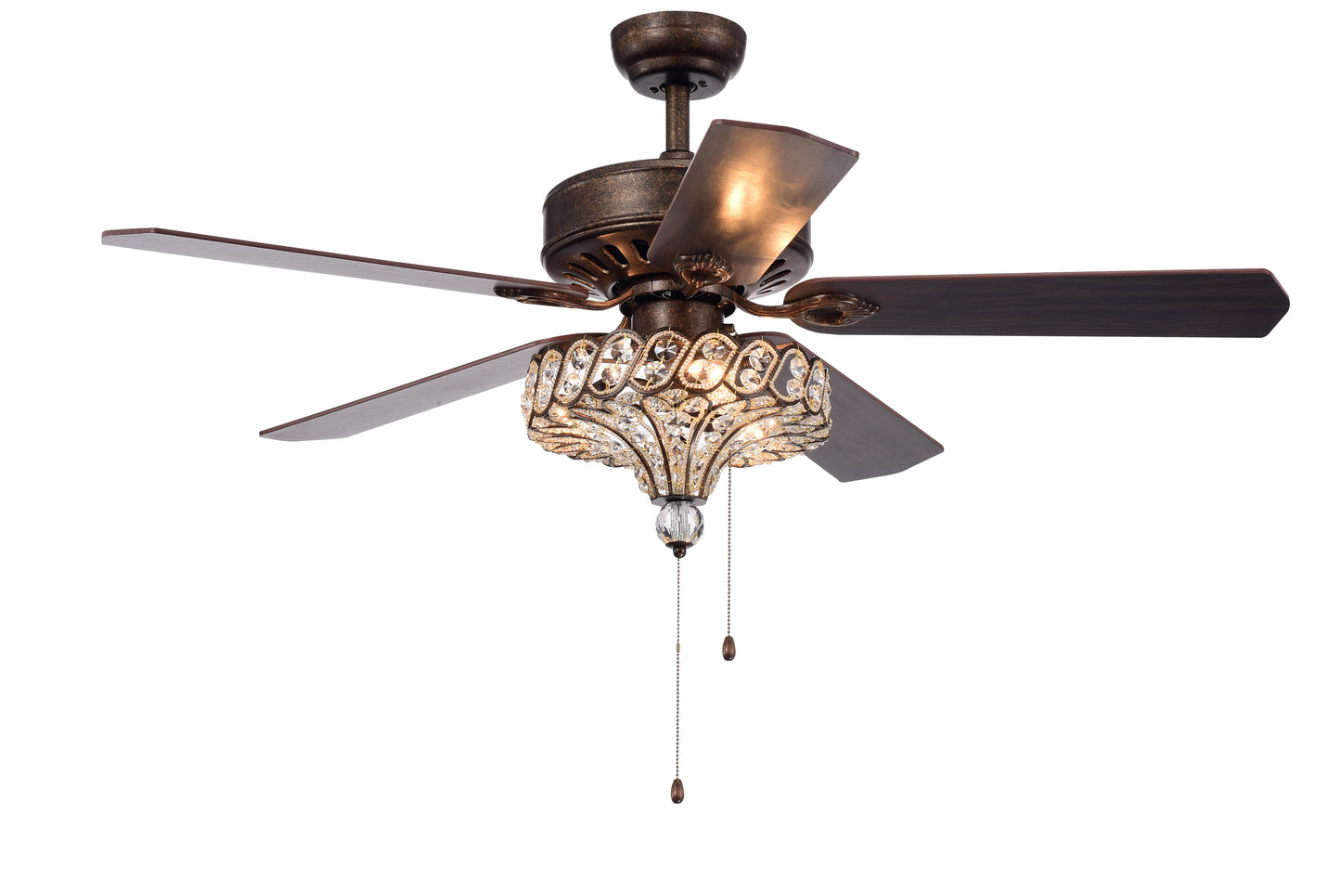 52'' Classical Crystal Ceiling Fan Lamp,3 Speed , 5 Reversible Blades for Living Room, Dining Room, Bedroom, Family Room, Rustic bronze ,3PCS*E12  (NO Include Bulb, Hand 
Pull Chain)