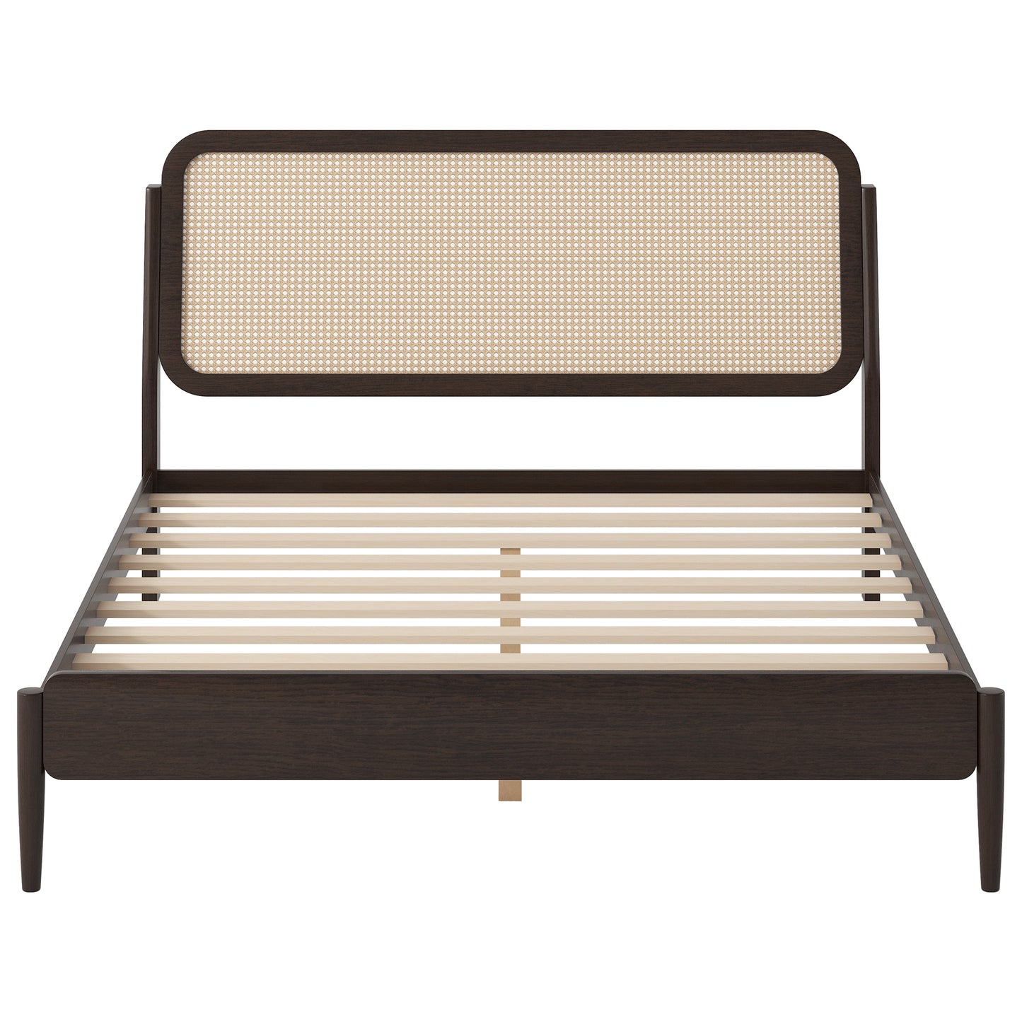 Queen Size Wood Storage Platform Bed with LED Light, Rattan Headboard, Espresso