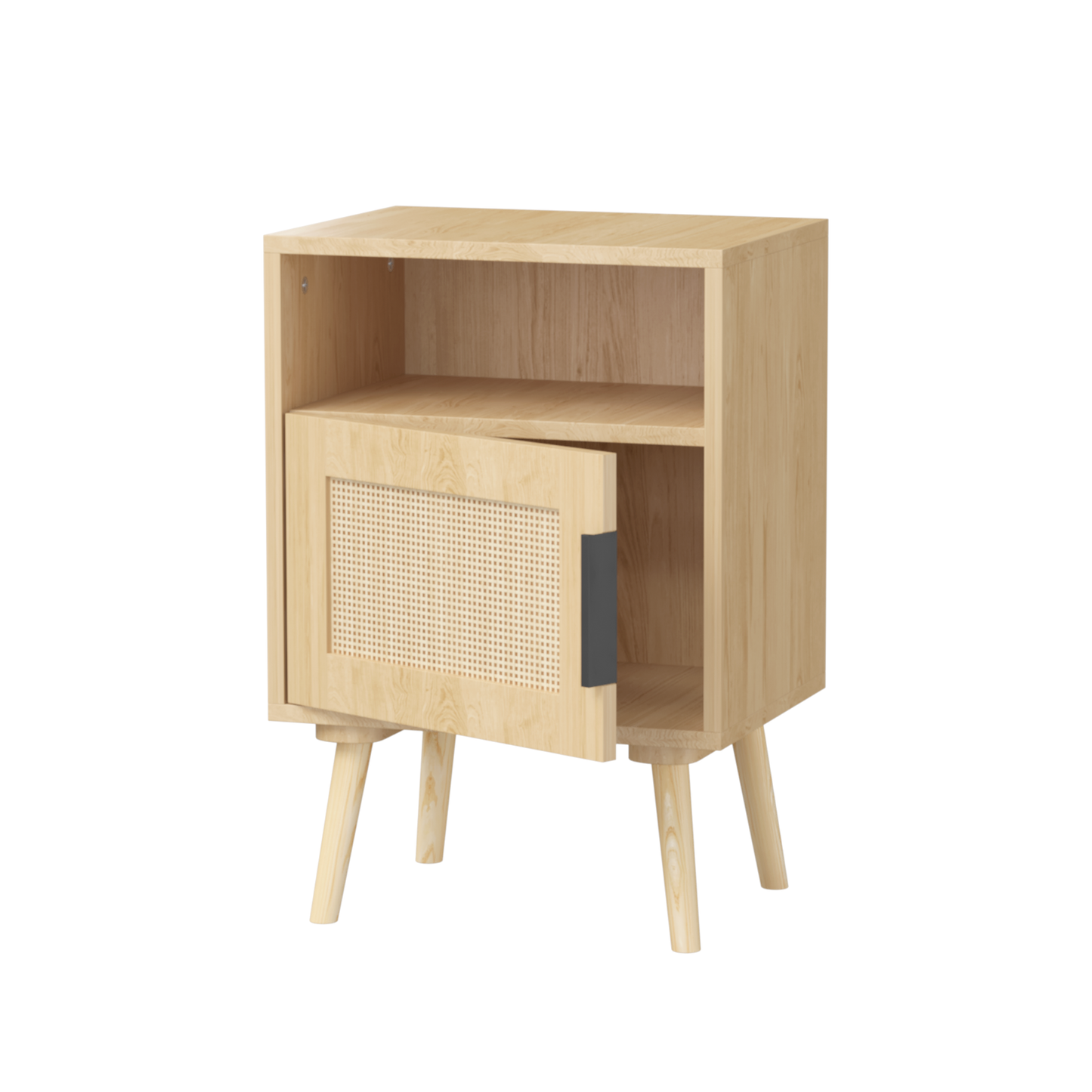 22.83'' H Rattan Nightstand, Side Table with Door Open Shelf,  Accent Bedside End Table with Solid Wood Legs for Bedroom, Dorm and Small Spaces, Oak