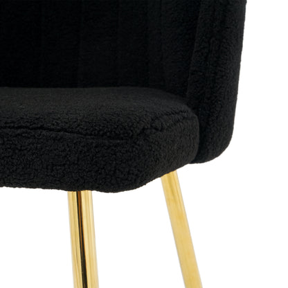 Modern simple black teddy fleece dining chair Fabric Upholstered Chairs home bedroom stool back dressing chair gold metal legs(set of 2)