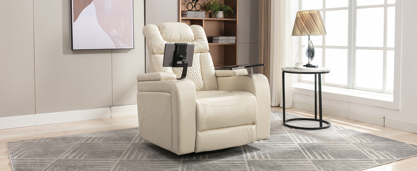 270 Degree Swivel PU Leather Power Recliner Individual Seat Home Theater Recliner with  Comforable Backrest, Tray Table,  Phone Holder, Cup Holder,  USB Port, Hidden Arm Storage for Living Room, White