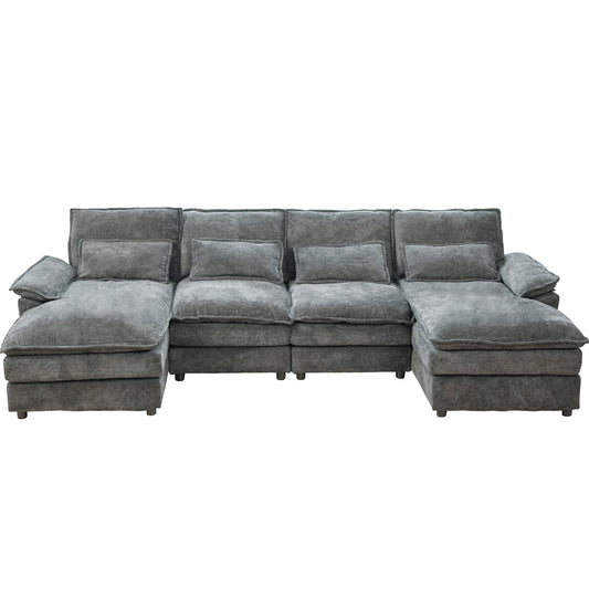 Modular Sectional Sofa Cloud Couch with Double Chaise Lounge, U Shaped Chenille Upholstered Sofa in Grey, Polyester Fabric, 110' Long