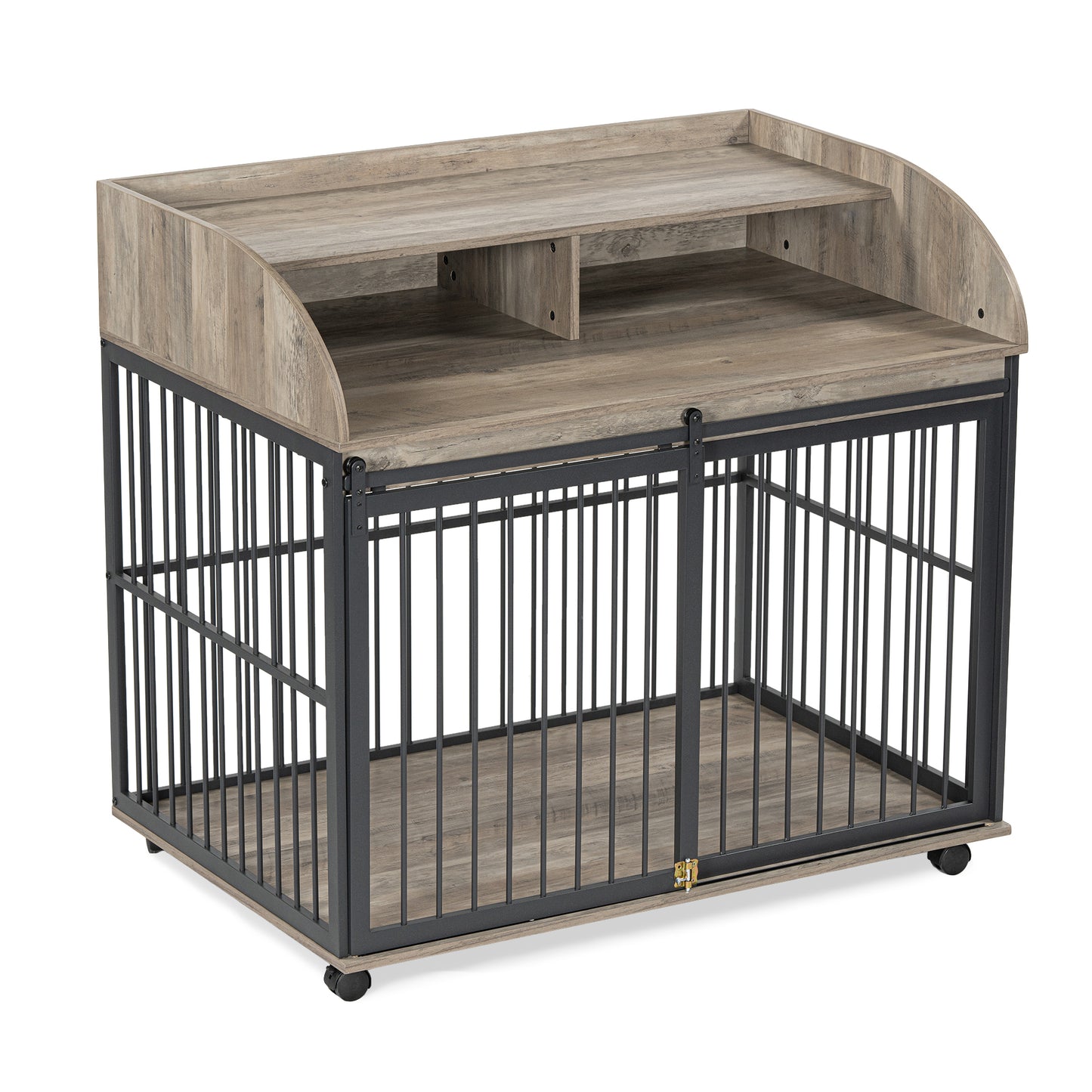 GO 44'' Heavy Duty Large Dog Crate Furniture for Large Medium Dog with Lockable Wheels, Wooden Dog Crate Dog Kennel, End Table Crate with Double layer storage, Gray