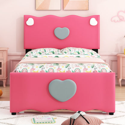 Twin Size Upholstered Platform Bed with Trundle and Heart Shaped Decoration, Dark Pink