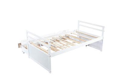 Twin Size Bed with Headboard, Footboard, Trundle and Three Storage Drawers, Twin Size Pine Wood Bed with Headboard, Footboard,White