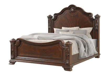 Traditional Style Queen Bed With Intricate Wood Carvings Made with Wood in Walnut