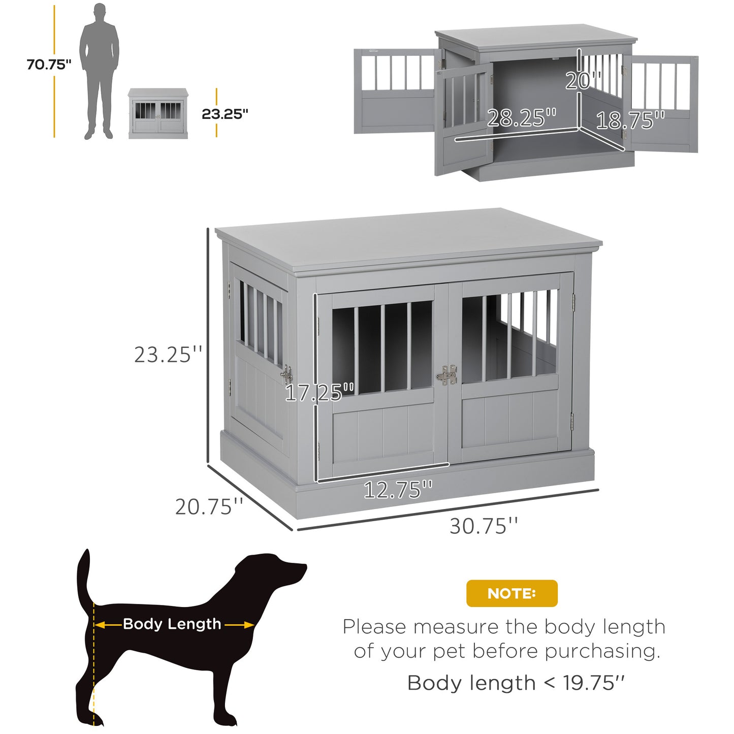 PawHut Dog Crate End Table with Triple Doors, Wooden Dog Crate Furniture Indoor Use, Puppy Crate with and Steel Tubes, for Small Dogs, Pewter Gray