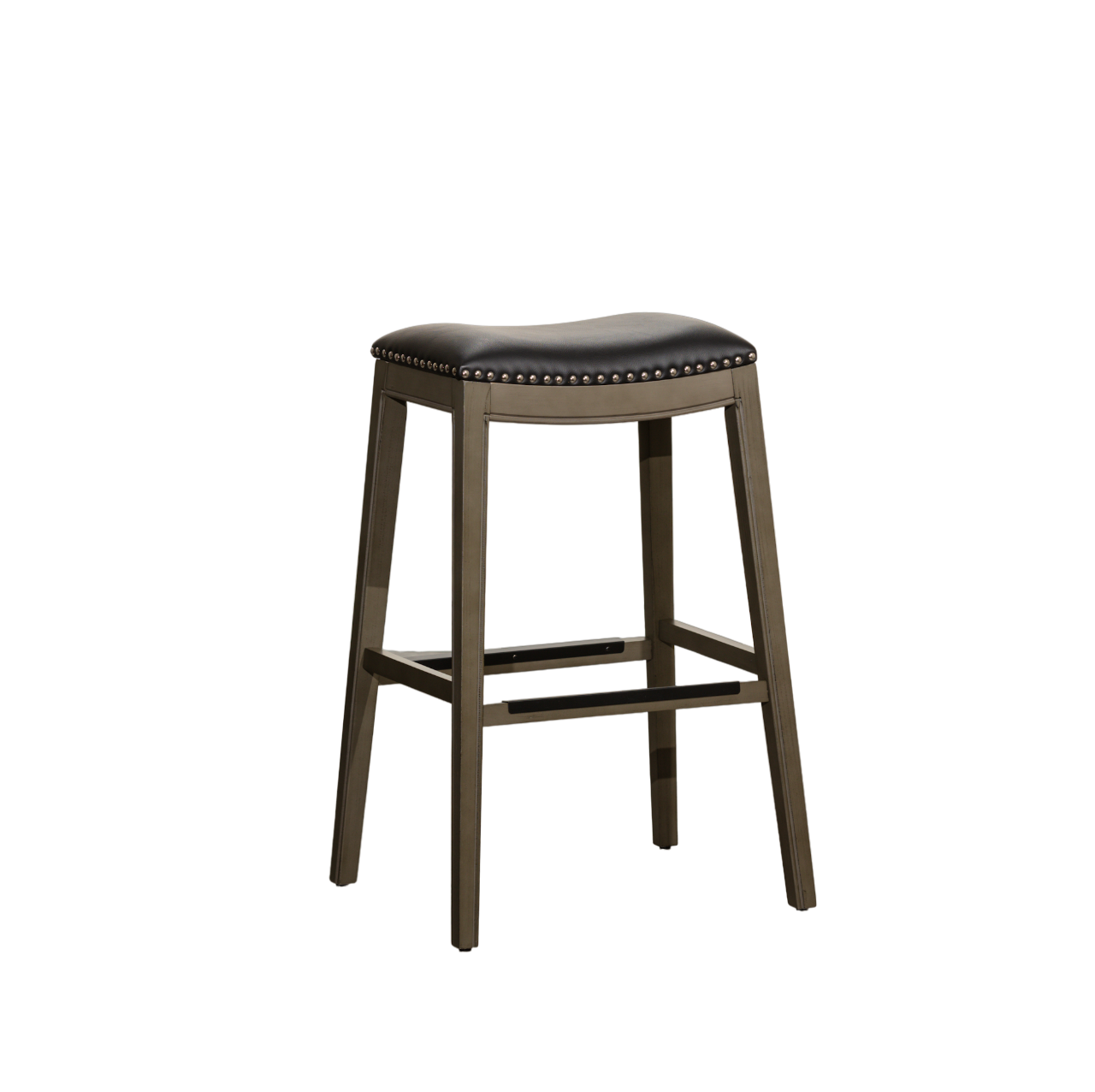 30" Bar Height Saddle Stool, Weathered Gray Finish, Black Leather Seat