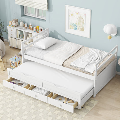 Twin Size Bed with Headboard, Footboard, Trundle and Three Storage Drawers, Twin Size Pine Wood Bed with Headboard, Footboard,White