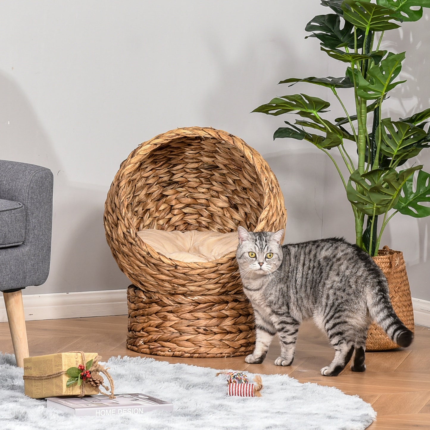 PawHut Handwoven Elevated Cat Bed with Soft Cushion & Cat Egg Chair Shape, Cat Basket Bed Kitty House with Stand, Raised Wicker Cat Bed for Indoor Cats, 23.5" H, Brown