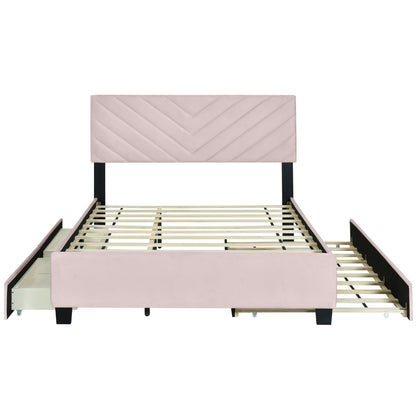 Queen Size Upholstered Platform Bed with Twill Headboard, Pullout Bed and Two Drawers, Flannel,Pink