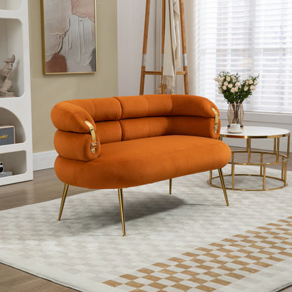 COOLMORE Small Loveseat Sofa, Upholstered Mini Couch with Curved Backrest with Stylish Golden Decor, Small Comfy Love Seat Leisure Accent Couch for Living Room, Bedroom, Office (Orange)