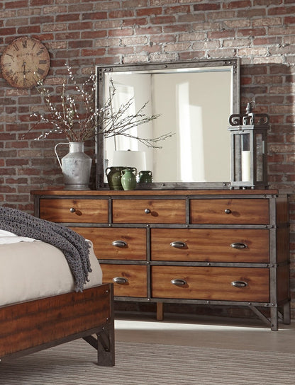 Industrial Design Bedroom Furniture 1pc Dresser of 7 Drawers Rustic Brown and Gunmetal Finish Wooden Furniture